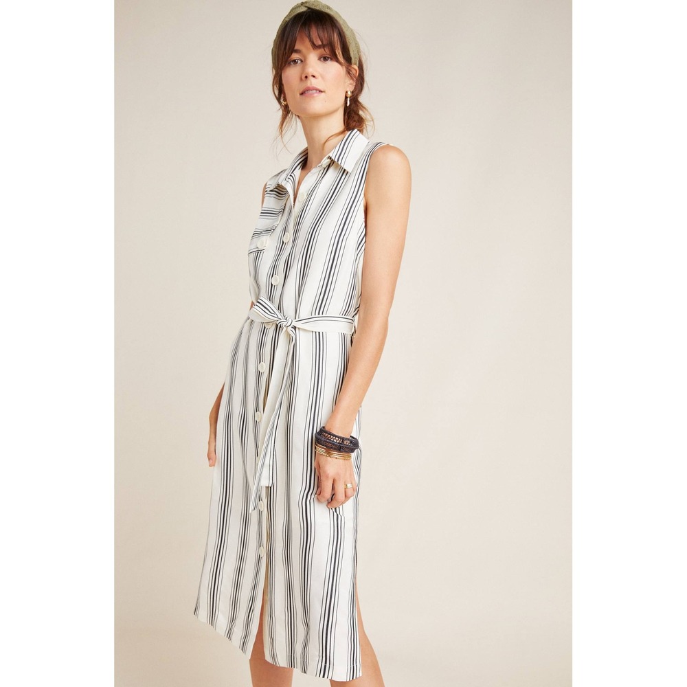 Maeve Anthropologie Esther Ivory Black Striped Sleeveless Belted Shirt Dress 12